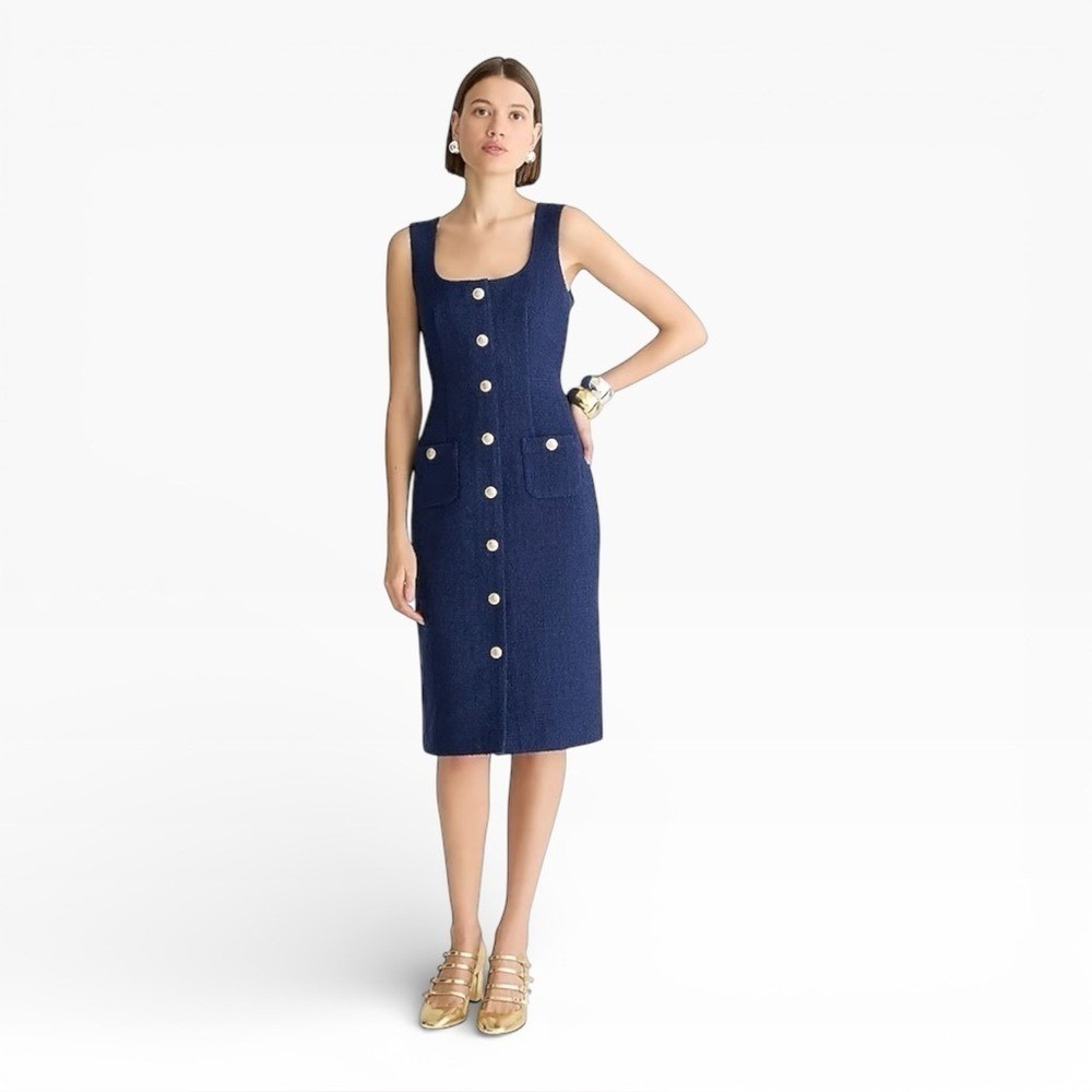 J.Crew Sophia Sleeveless Tweed Wool Blend Navy Blue Midi Dress Size 8 - Picture 1 of 7